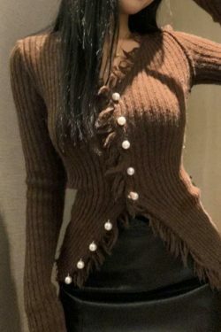 Coquette Aesthetic Solid Rib V Neck Frayed Trim Knit Cardigan - Y2K Fashion Women's Clothing