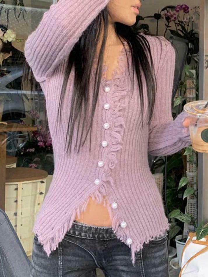Coquette Aesthetic Solid Rib V Neck Frayed Trim Knit Cardigan - Y2K Fashion Women's Clothing