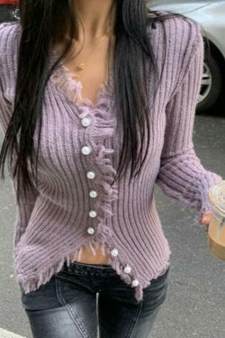 Coquette Aesthetic Solid Rib V Neck Frayed Trim Knit Cardigan - Y2K Fashion Women's Clothing