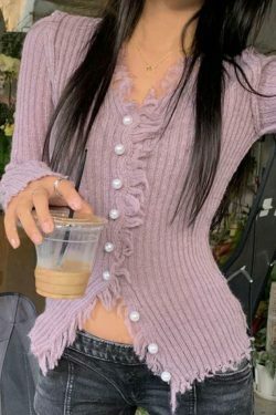 Coquette Aesthetic Solid Rib V Neck Frayed Trim Knit Cardigan - Y2K Fashion Women's Clothing