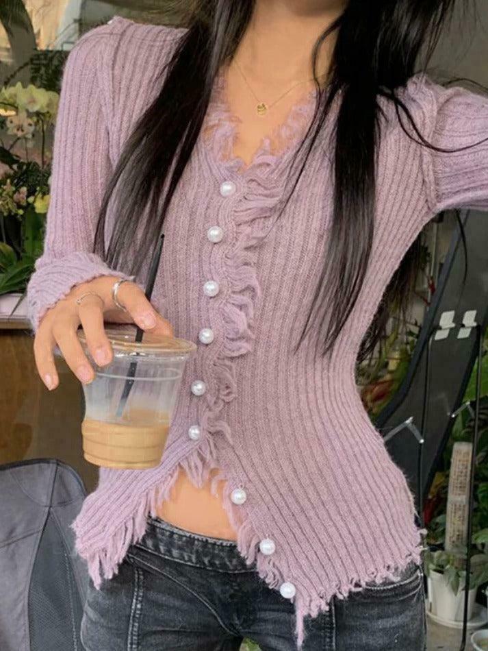 Coquette Aesthetic Solid Rib V Neck Frayed Trim Knit Cardigan - Y2K Fashion Women's Clothing