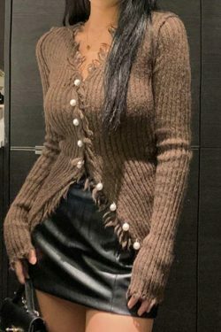 Coquette Aesthetic Solid Rib V Neck Frayed Trim Knit Cardigan - Y2K Fashion Women's Clothing
