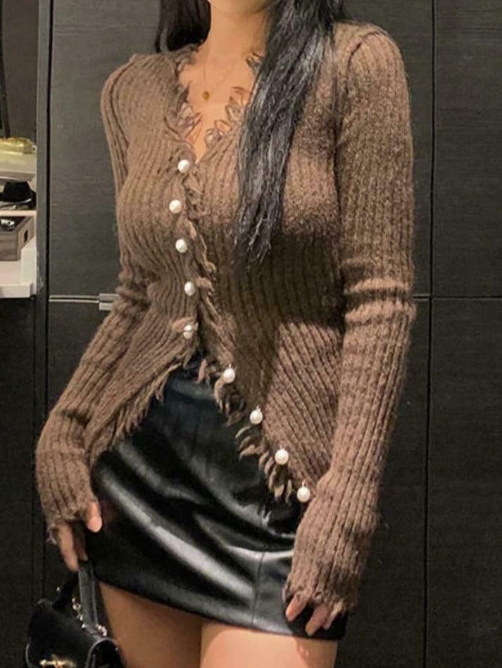 Coquette Aesthetic Solid Rib V Neck Frayed Trim Knit Cardigan - Y2K Fashion Women's Clothing