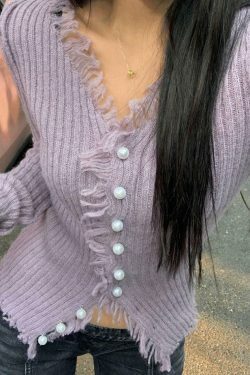 Coquette Aesthetic Solid Rib V Neck Frayed Trim Knit Cardigan - Y2K Fashion Women's Clothing