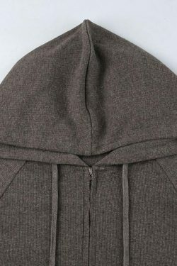 Coquette Aesthetic Solid Ribbed Zip-Up Hooded Knit Sweater