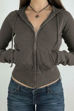 Coquette Aesthetic Solid Ribbed Zip-Up Hooded Knit Sweater