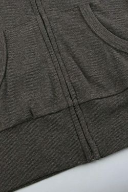 Coquette Aesthetic Solid Ribbed Zip-Up Hooded Knit Sweater