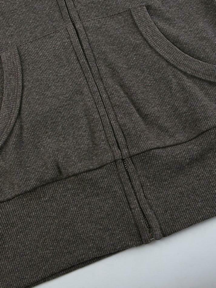 Coquette Aesthetic Solid Ribbed Zip-Up Hooded Knit Sweater Coquette Aesthetic Solid Ribbed Zip-Up Hooded Knit Sweater