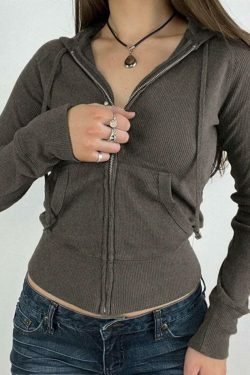 Coquette Aesthetic Solid Ribbed Zip-Up Hooded Knit Sweater