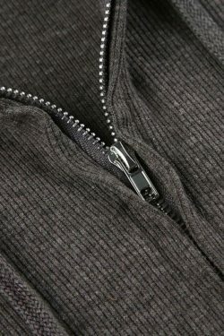 Coquette Aesthetic Solid Ribbed Zip-Up Hooded Knit Sweater