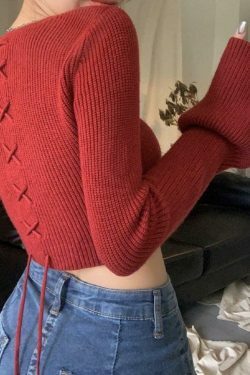 Coquette Aesthetic Solid Square Neck Tie Back Trumpet Sleeve Sweater