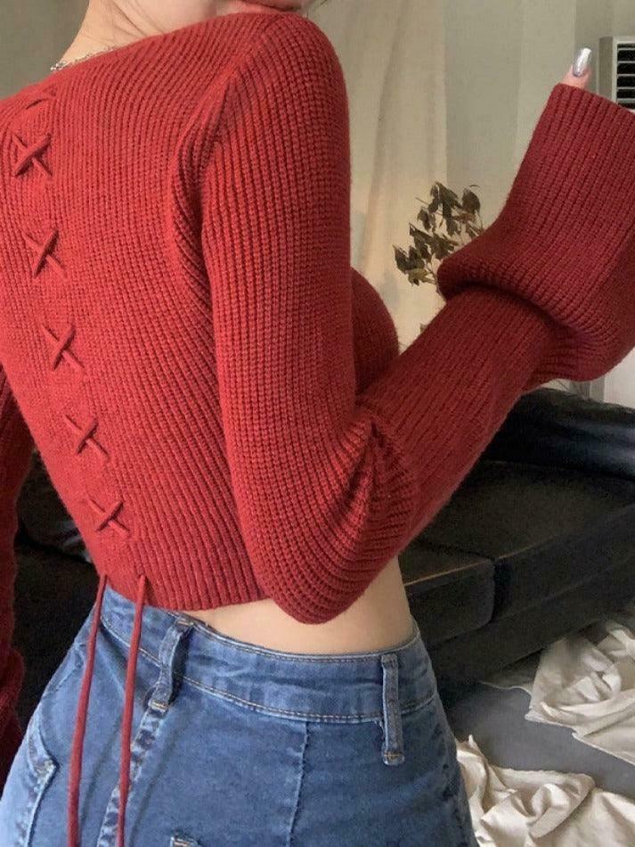 Coquette Aesthetic Solid Square Neck Tie Back Trumpet Sleeve Sweater Coquette Aesthetic Solid Square Neck Tie Back Trumpet Sleeve Sweater