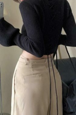 Coquette Aesthetic Solid Square Neck Tie Back Trumpet Sleeve Sweater