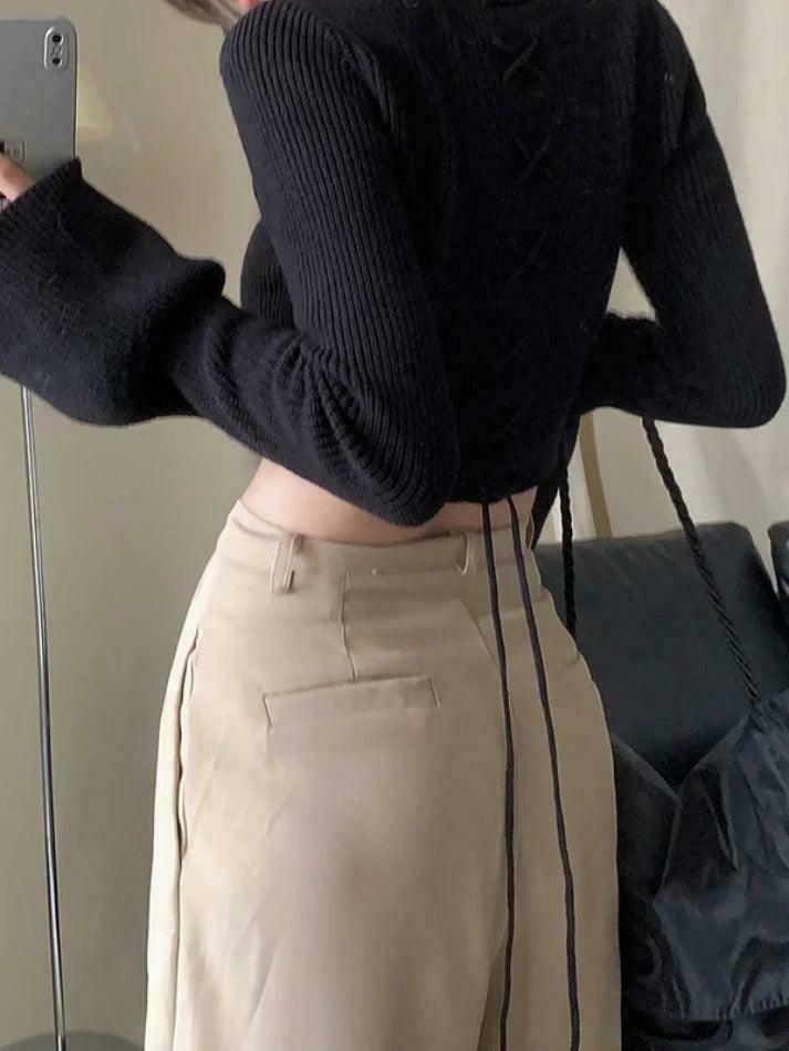 Coquette Aesthetic Solid Square Neck Tie Back Trumpet Sleeve Sweater Coquette Aesthetic Solid Square Neck Tie Back Trumpet Sleeve Sweater