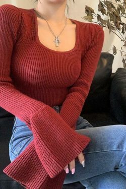 Coquette Aesthetic Solid Square Neck Tie Back Trumpet Sleeve Sweater
