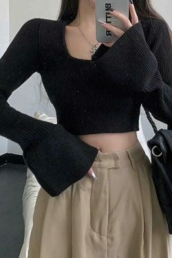 Coquette Aesthetic Solid Square Neck Tie Back Trumpet Sleeve Sweater