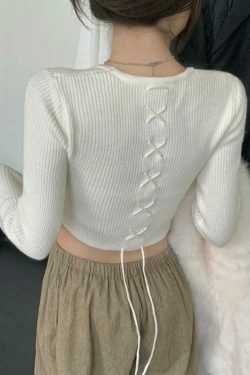 Coquette Aesthetic Solid Square Neck Tie Back Trumpet Sleeve Sweater