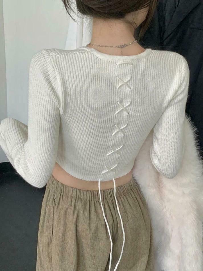 Coquette Aesthetic Solid Square Neck Tie Back Trumpet Sleeve Sweater Coquette Aesthetic Solid Square Neck Tie Back Trumpet Sleeve Sweater