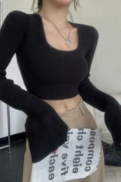 Coquette Aesthetic Solid Square Neck Tie Back Trumpet Sleeve Sweater