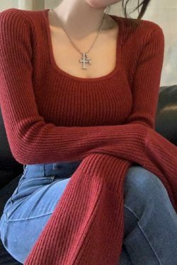 Coquette Aesthetic Solid Square Neck Tie Back Trumpet Sleeve Sweater