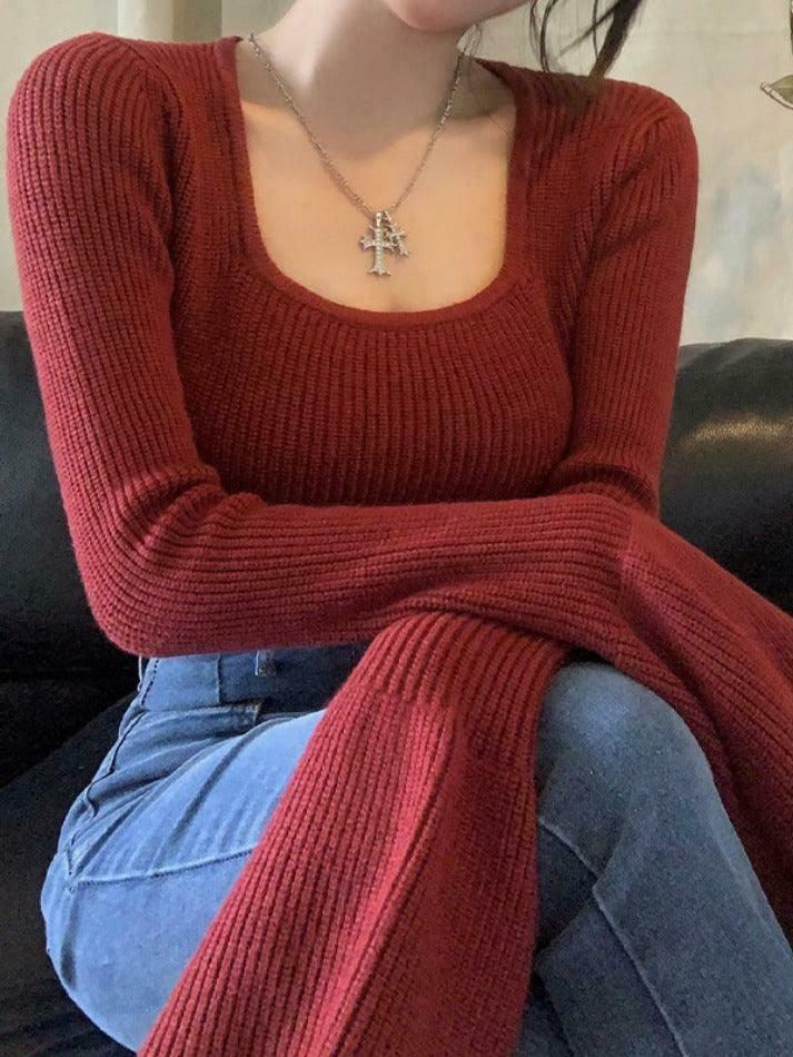 Coquette Aesthetic Solid Square Neck Tie Back Trumpet Sleeve Sweater Coquette Aesthetic Solid Square Neck Tie Back Trumpet Sleeve Sweater