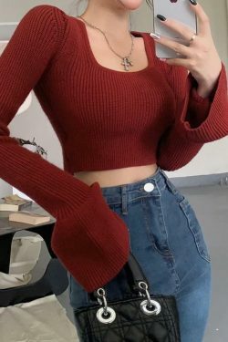 Coquette Aesthetic Solid Square Neck Tie Back Trumpet Sleeve Sweater