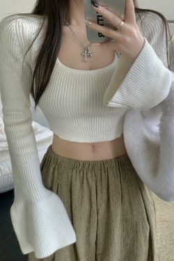 Coquette Aesthetic Solid Square Neck Tie Back Trumpet Sleeve Sweater