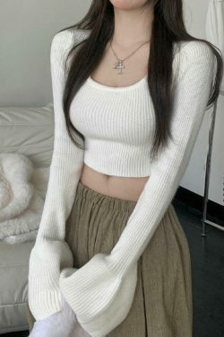 Coquette Aesthetic Solid Square Neck Tie Back Trumpet Sleeve Sweater