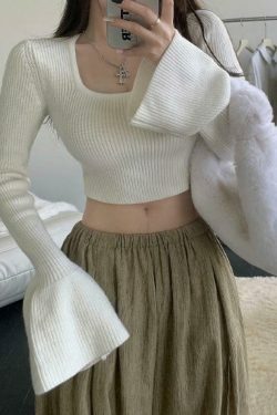 Coquette Aesthetic Solid Square Neck Tie Back Trumpet Sleeve Sweater