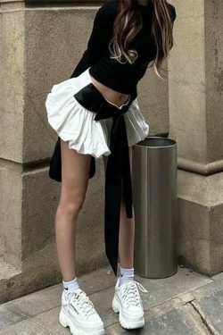 Coquette Aesthetic Solid Tie Back Long Sleeve Tee & Bud Skirt Set