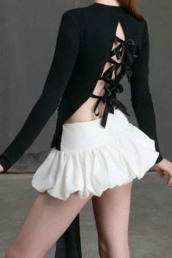 Coquette Aesthetic Solid Tie Back Long Sleeve Tee & Bud Skirt Set