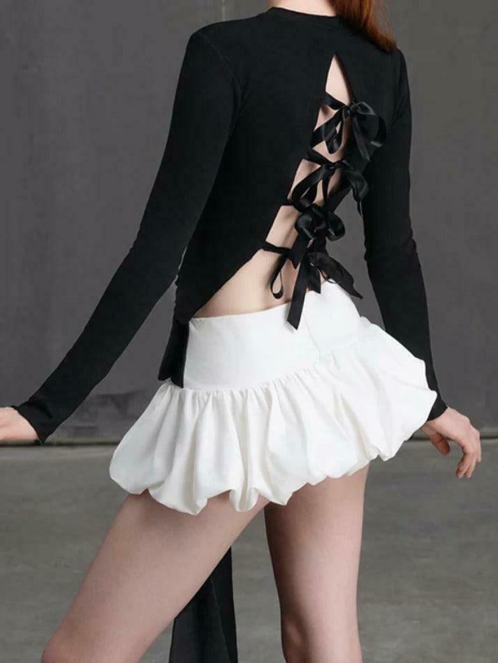 Coquette Aesthetic Solid Tie Back Long Sleeve Tee & Bud Skirt Set Coquette Aesthetic Solid Tie Back Long Sleeve Tee & Bud Skirt Set