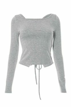 Coquette Aesthetic Solid Tie Back Long Sleeve Tee - Y2K Fashion Women's Clothing