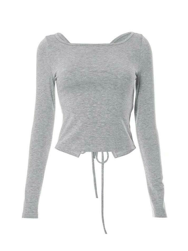 Coquette Aesthetic Solid Tie Back Long Sleeve Tee - Y2K Fashion Women's Clothing