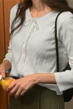 Coquette Aesthetic Solid Tie Front Bow Long Sleeve Knit Top