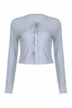 Coquette Aesthetic Solid Tie Front Bow Long Sleeve Knit Top