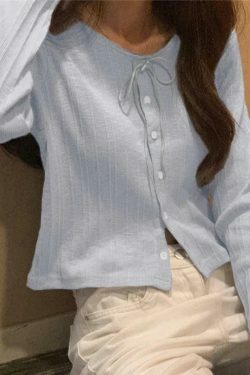 Coquette Aesthetic Solid Tie Front Bow Long Sleeve Knit Top