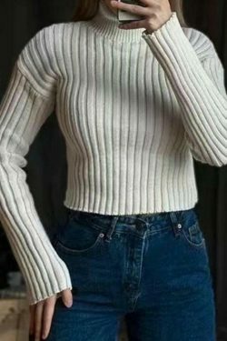 Coquette Aesthetic Solid Turtleneck Ribbed Short Sweater