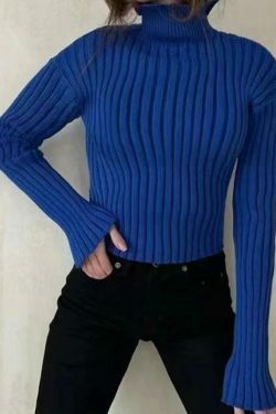 Coquette Aesthetic Solid Turtleneck Ribbed Short Sweater