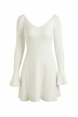 Coquette Aesthetic Solid V-Neck Ribbed Knit Mini Dress for Women's Y2K Fashion