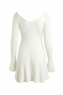 Coquette Aesthetic Solid V-Neck Ribbed Knit Mini Dress for Women's Y2K Fashion