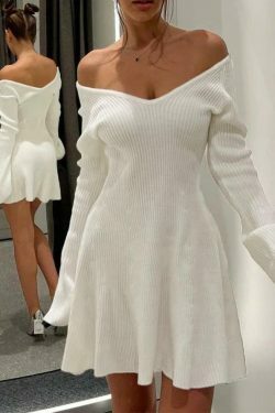 Coquette Aesthetic Solid V-Neck Ribbed Knit Mini Dress for Women's Y2K Fashion