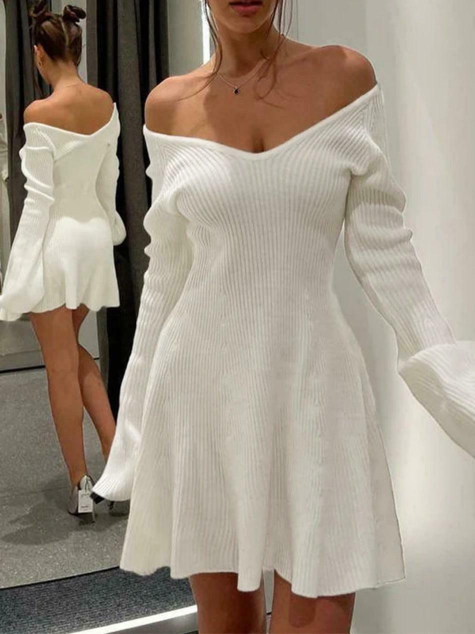 Coquette Aesthetic Solid V-Neck Ribbed Knit Mini Dress for Women's Y2K Fashion Coquette Aesthetic Solid V-Neck Ribbed Knit Mini Dress for Women's Y2K Fashion