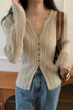Coquette Aesthetic Solid V-Neck Slit Long Sleeve Knit Sweater