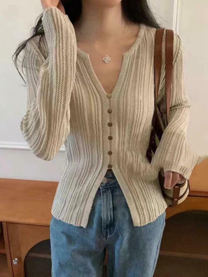 Coquette Aesthetic Solid V-Neck Slit Long Sleeve Knit Sweater Coquette Aesthetic Solid V-Neck Slit Long Sleeve Knit Sweater