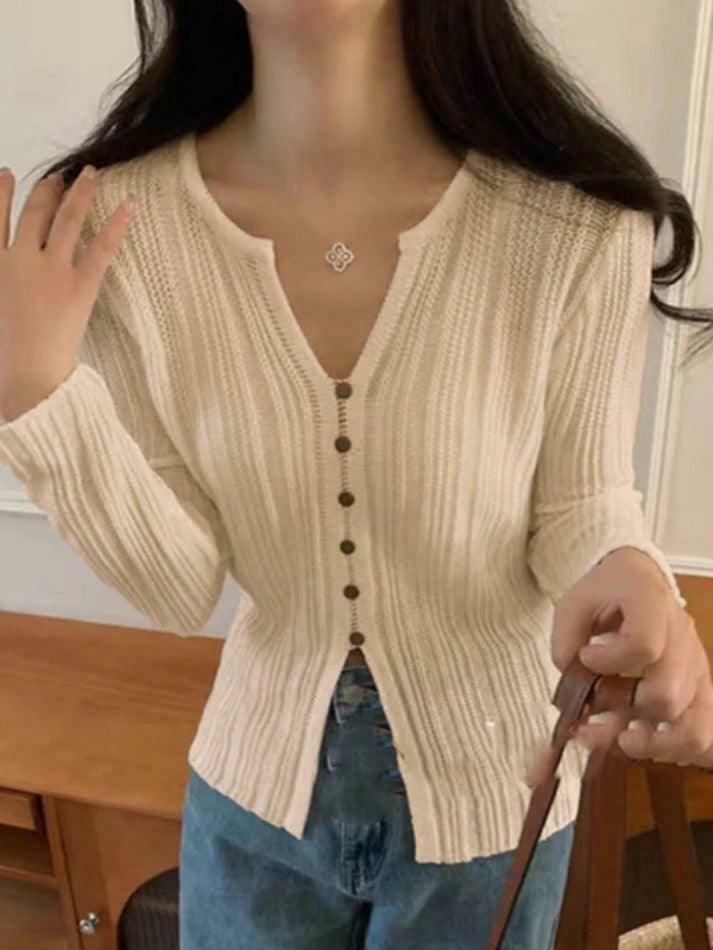 Coquette Aesthetic Solid V-Neck Slit Long Sleeve Knit Sweater Coquette Aesthetic Solid V-Neck Slit Long Sleeve Knit Sweater