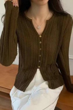 Coquette Aesthetic Solid V-Neck Slit Long Sleeve Knit Sweater