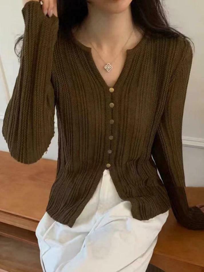Coquette Aesthetic Solid V-Neck Slit Long Sleeve Knit Sweater Coquette Aesthetic Solid V-Neck Slit Long Sleeve Knit Sweater