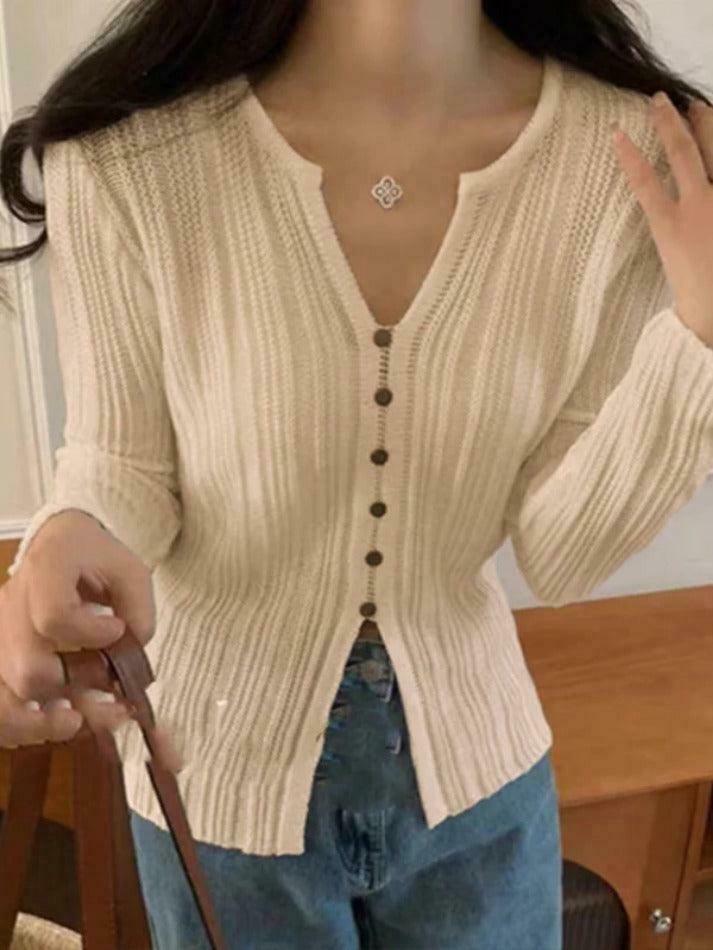 Coquette Aesthetic Solid V-Neck Slit Long Sleeve Knit Sweater Coquette Aesthetic Solid V-Neck Slit Long Sleeve Knit Sweater