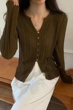 Coquette Aesthetic Solid V-Neck Slit Long Sleeve Knit Sweater